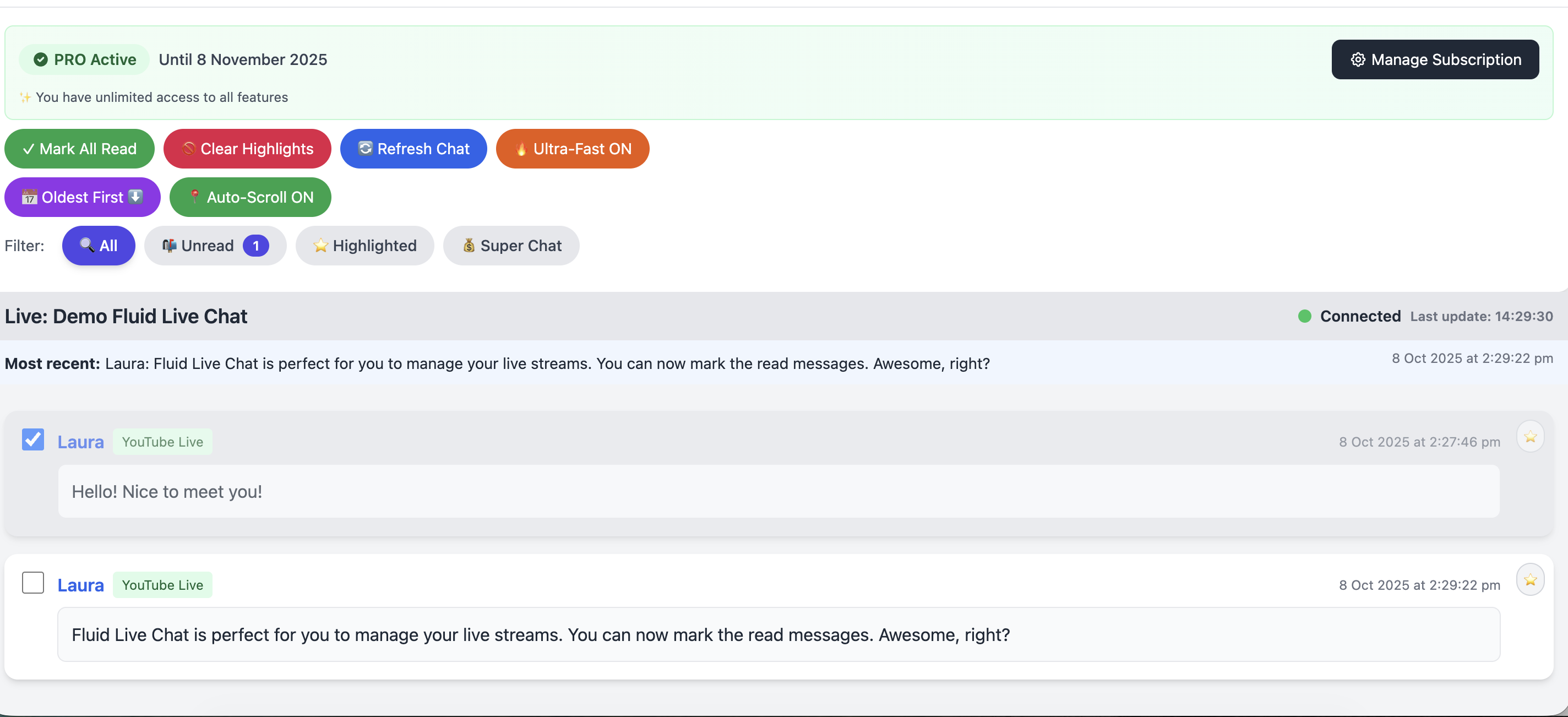 Fluid Live Chat web app dashboard showing live message management